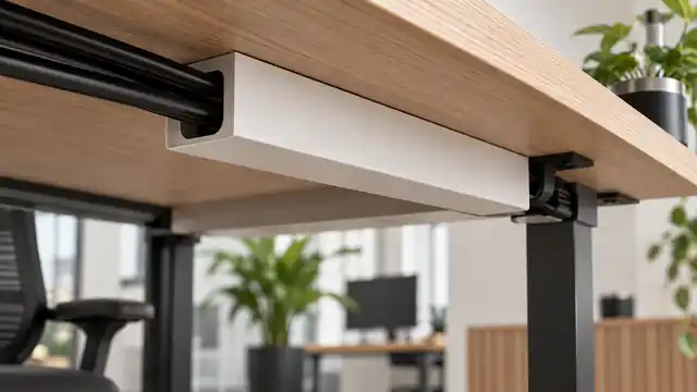 Kabelgoot onder licht houten bureau met georganiseerde kabels