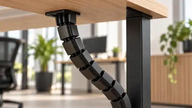 Gesegmenteerde zwarte kabelslang onder licht houten bureau
