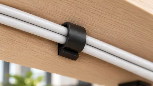 Zwarte kabelklem die kabels langs een licht houten bureaurand geleidt
