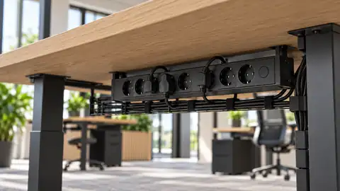 Zwart stekkerblok onder een licht houten bureau met netjes geleide kabels