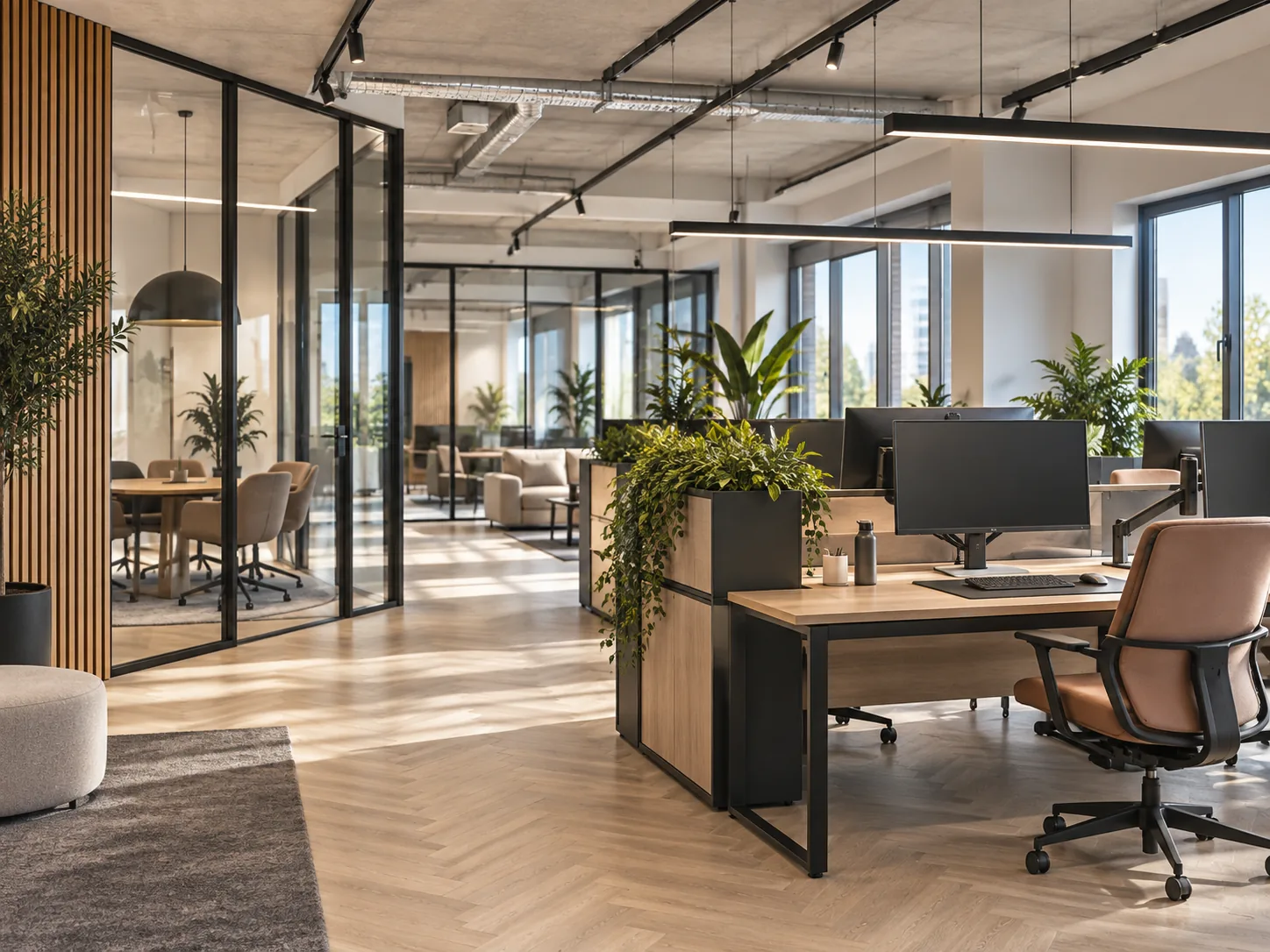 Moderne zakelijke kantooromgeving met compleet ingerichte werkplekken, monitoropstellingen, ergonomische stoelen, glaswanden en geïntegreerd groen
