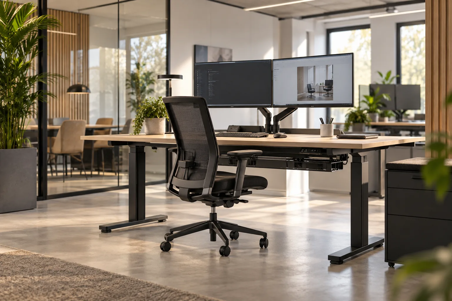 Realistische zakelijke werkplek met zit-sta bureau, ergonomische stoel, dubbele monitoropstelling, monitorarm en zichtbaar georganiseerd kabelmanagement