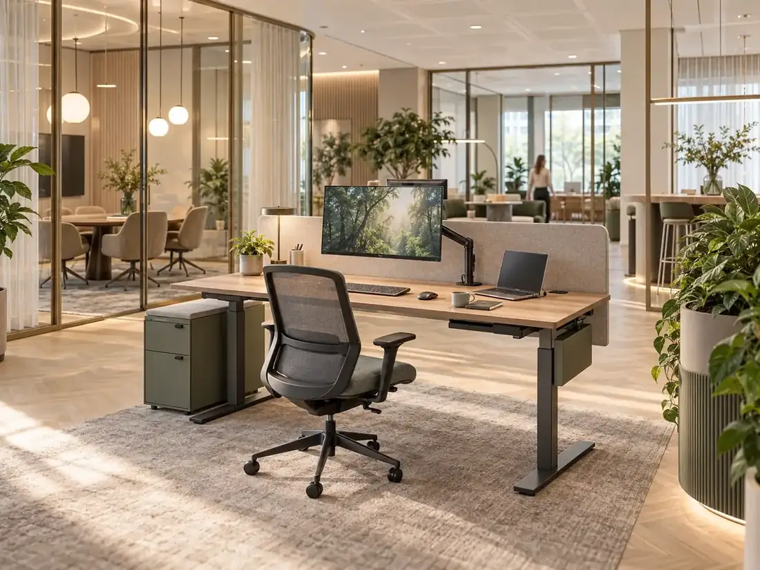 Complete zakelijke kantoorwerkplek met bureau, ergonomische stoel, monitoropstelling, laptop en nette kabelintegratie in een moderne kantooromgeving
