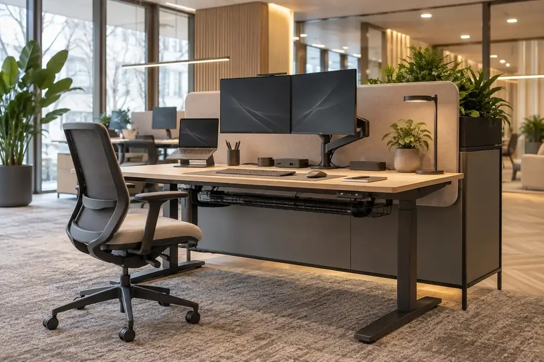 Complete kantoorwerkplek met dubbele monitoropstelling, laptop, dockingstation, ergonomische stoel en georganiseerd kabelmanagement
