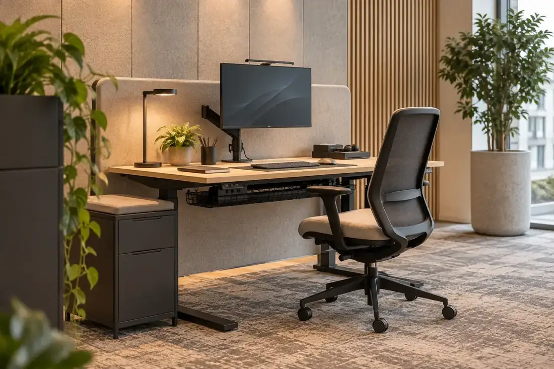 Eenvoudige zakelijke kantoorwerkplek met één monitor, ergonomische stoel en basis kabelmanagement