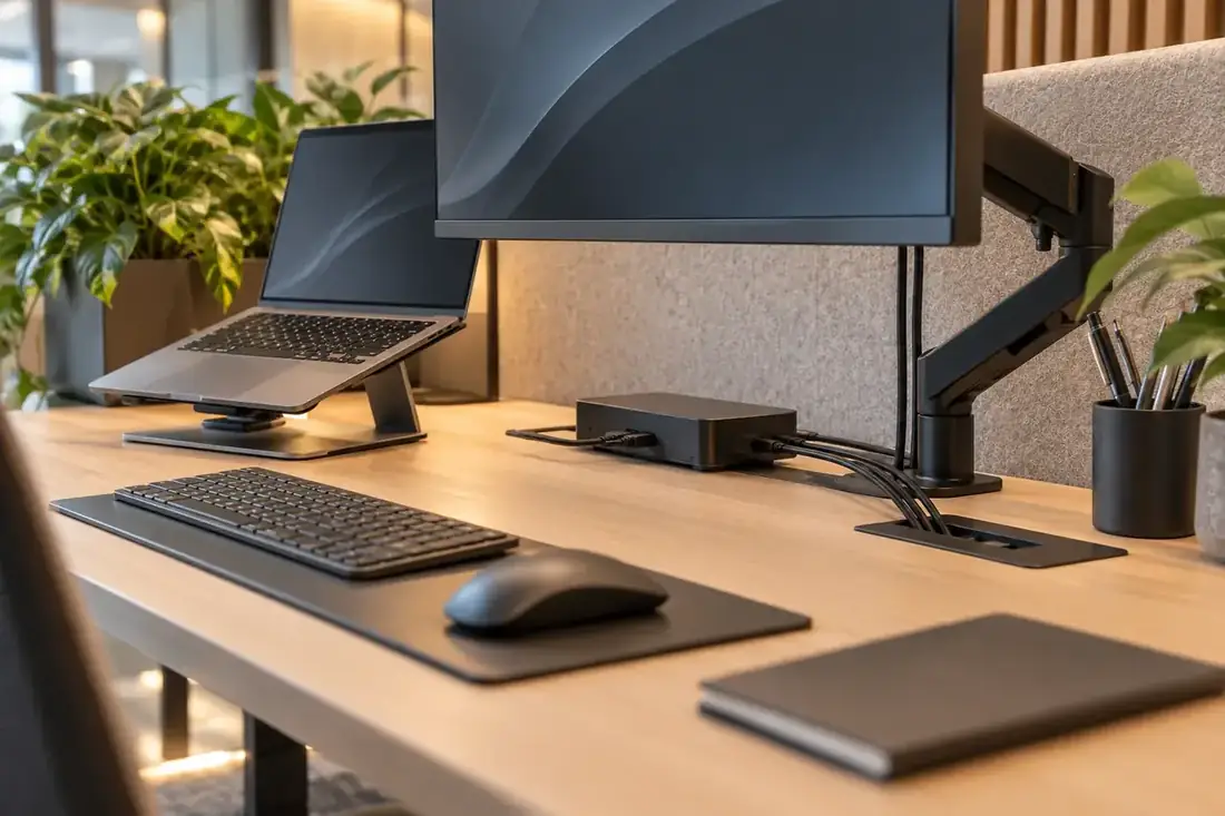 Zakelijke laptopwerkplek met dockingstation, extern beeldscherm, monitorarm en nette kabelrouting