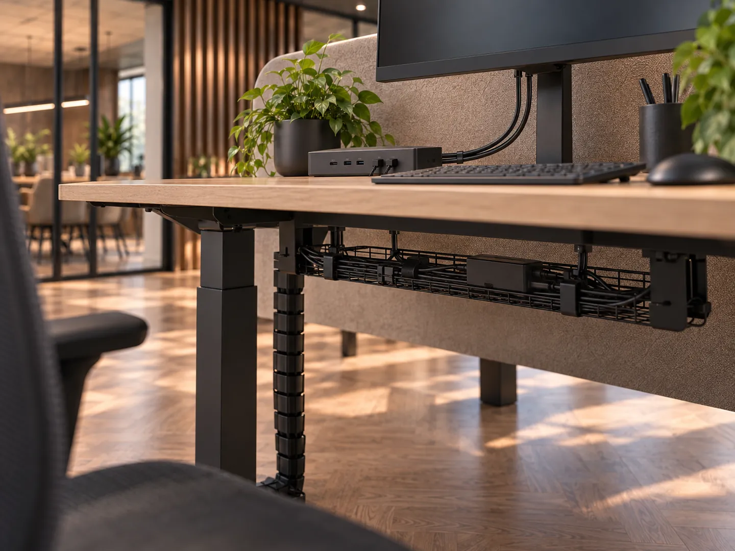Detail van dockingstation, kabelgoot en kabelmanagement onder een kantoorwerkplek