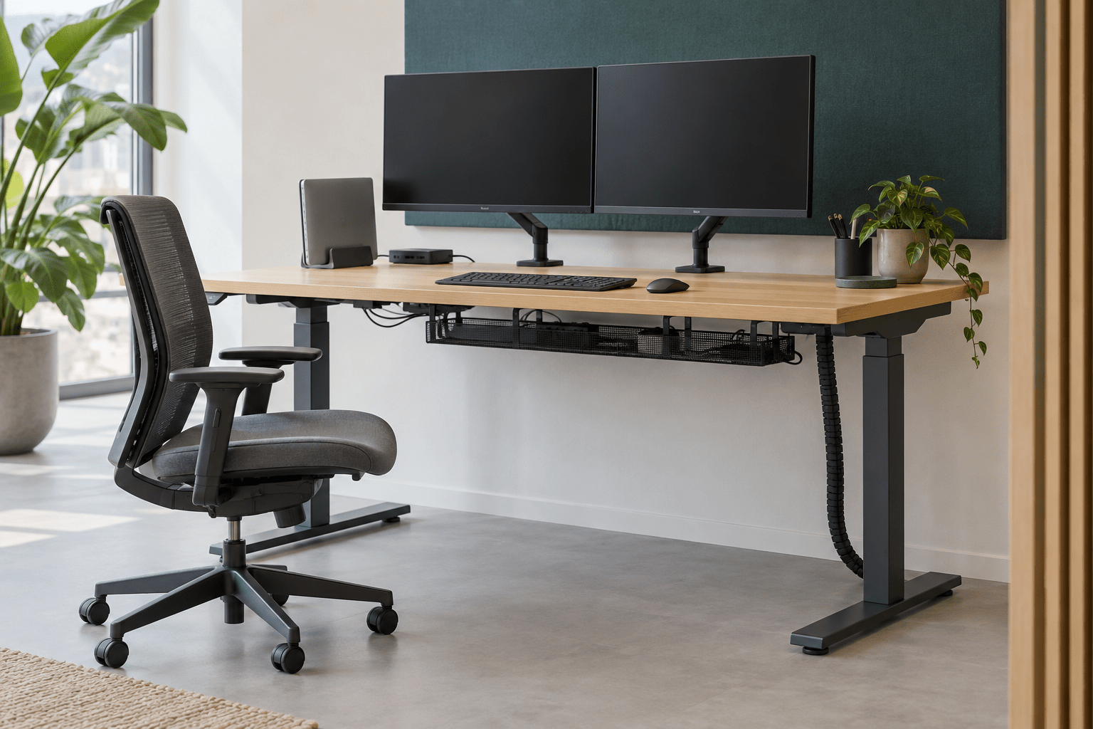 Illustratieve werkplek met dubbele monitor, docking en kabelgoot