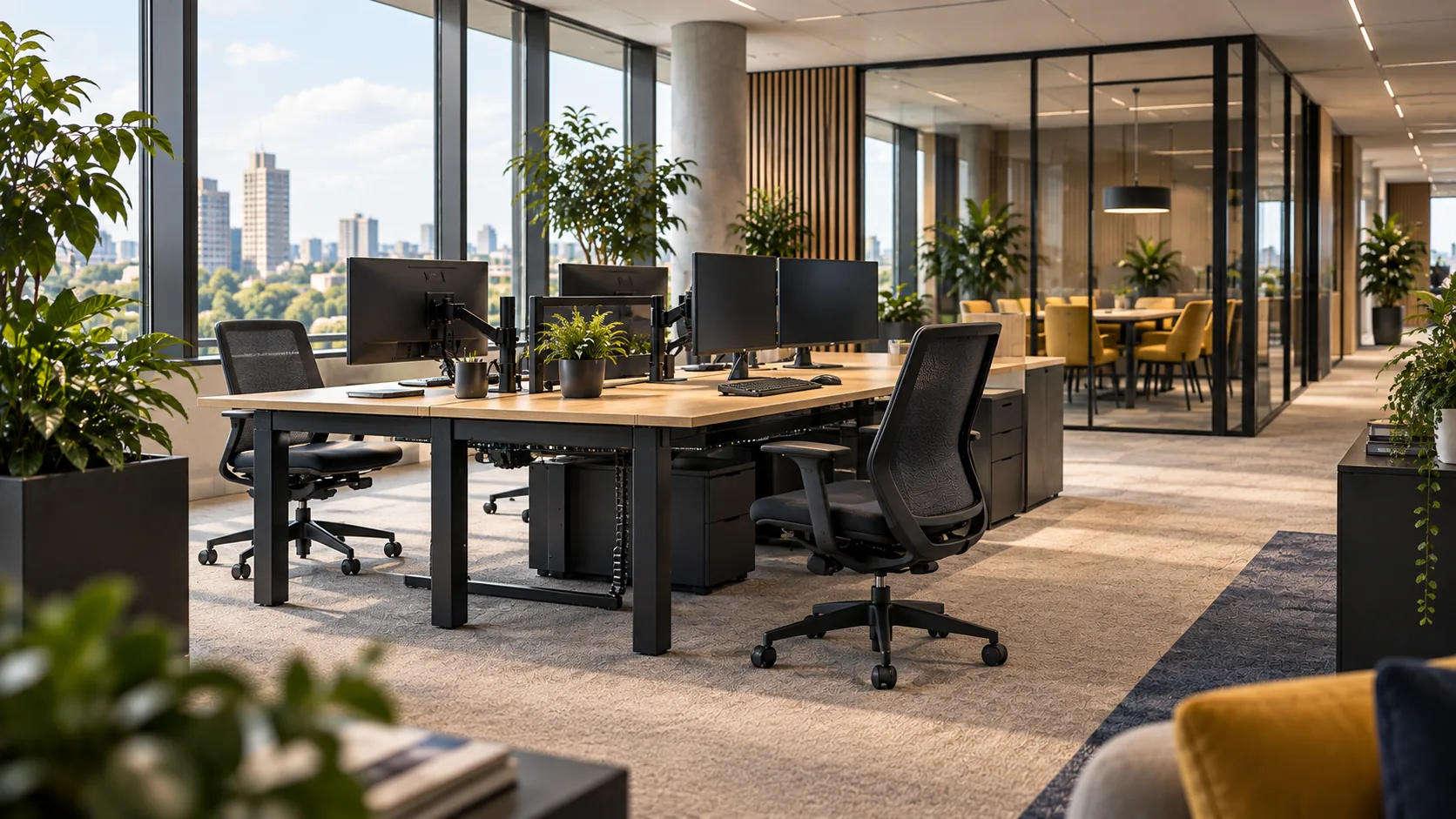 Illustratieve complete kantoorwerkplek met bureau, schermen, aansluitingen en kabelmanagement.