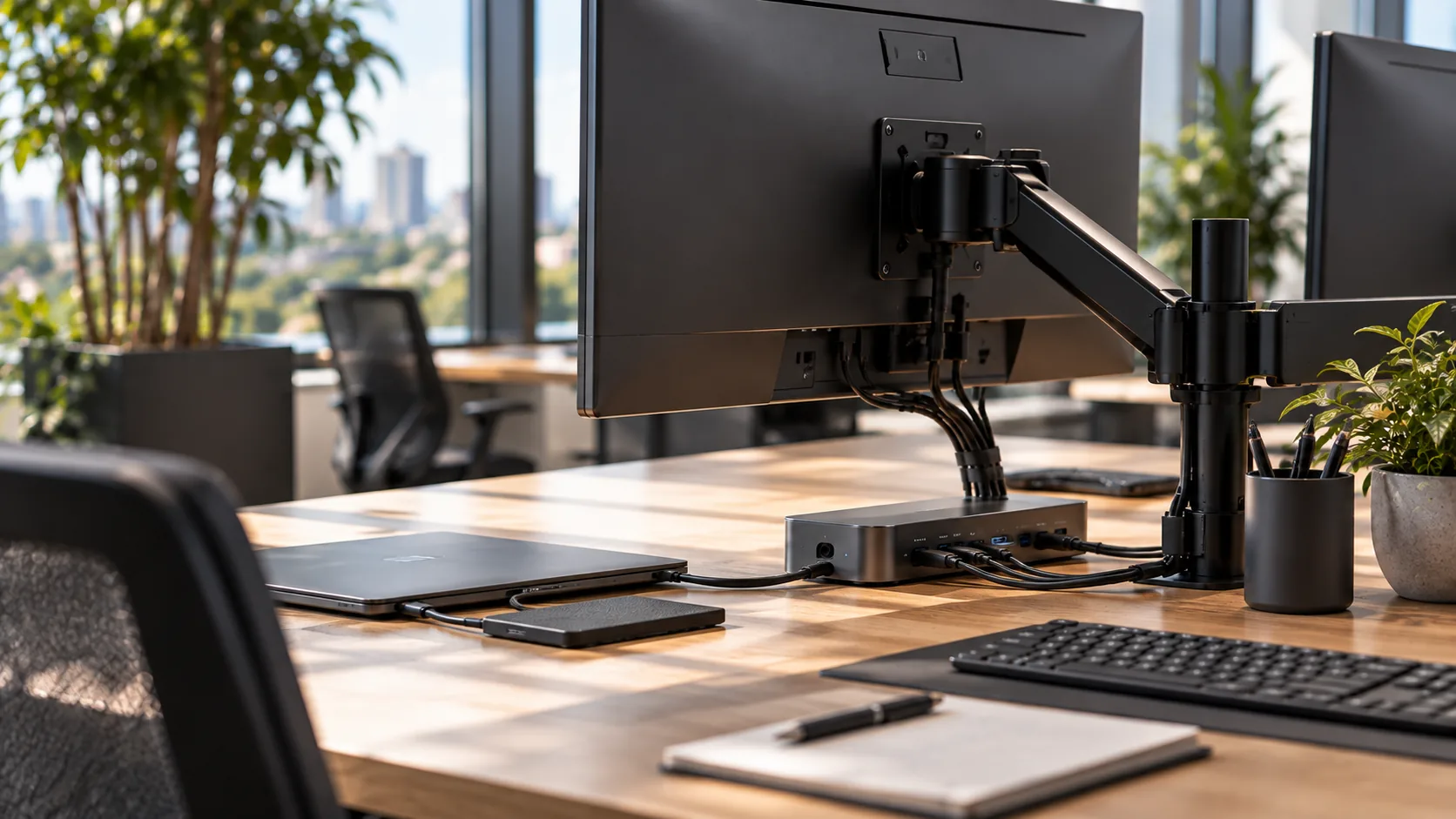 Illustratieve werkplek met monitorarmen, dockingstation, laptop en aangesloten randapparatuur.