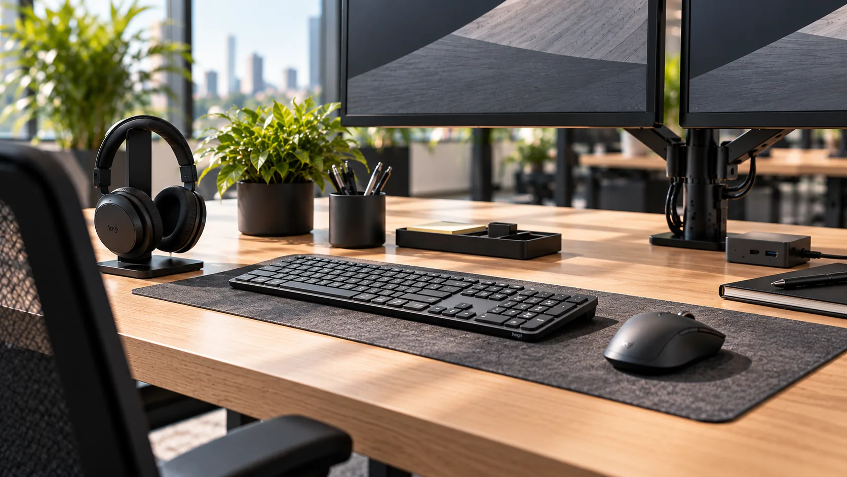 Illustratieve werkplekaccessoires met toetsenbord, muis en headset op een licht eiken bureau.
