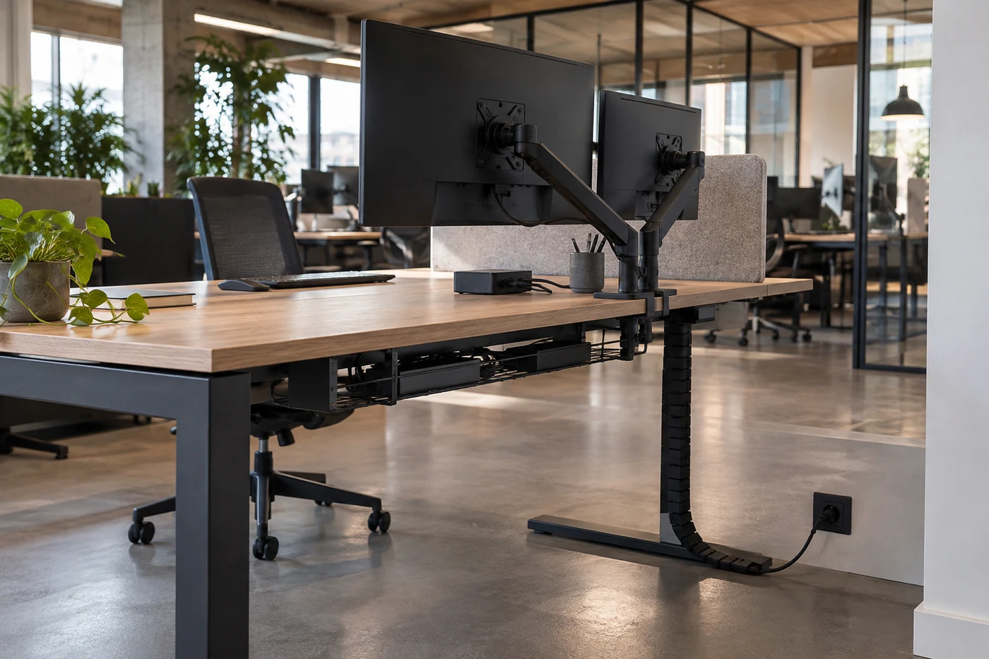 Werkplek met monitorarm, dock, kabelgoot en geleide kabelroute