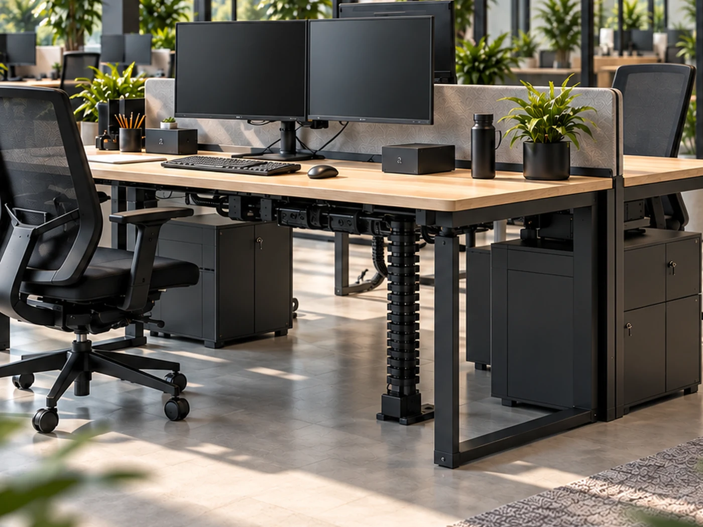 Werkplek met georganiseerde bekabeling