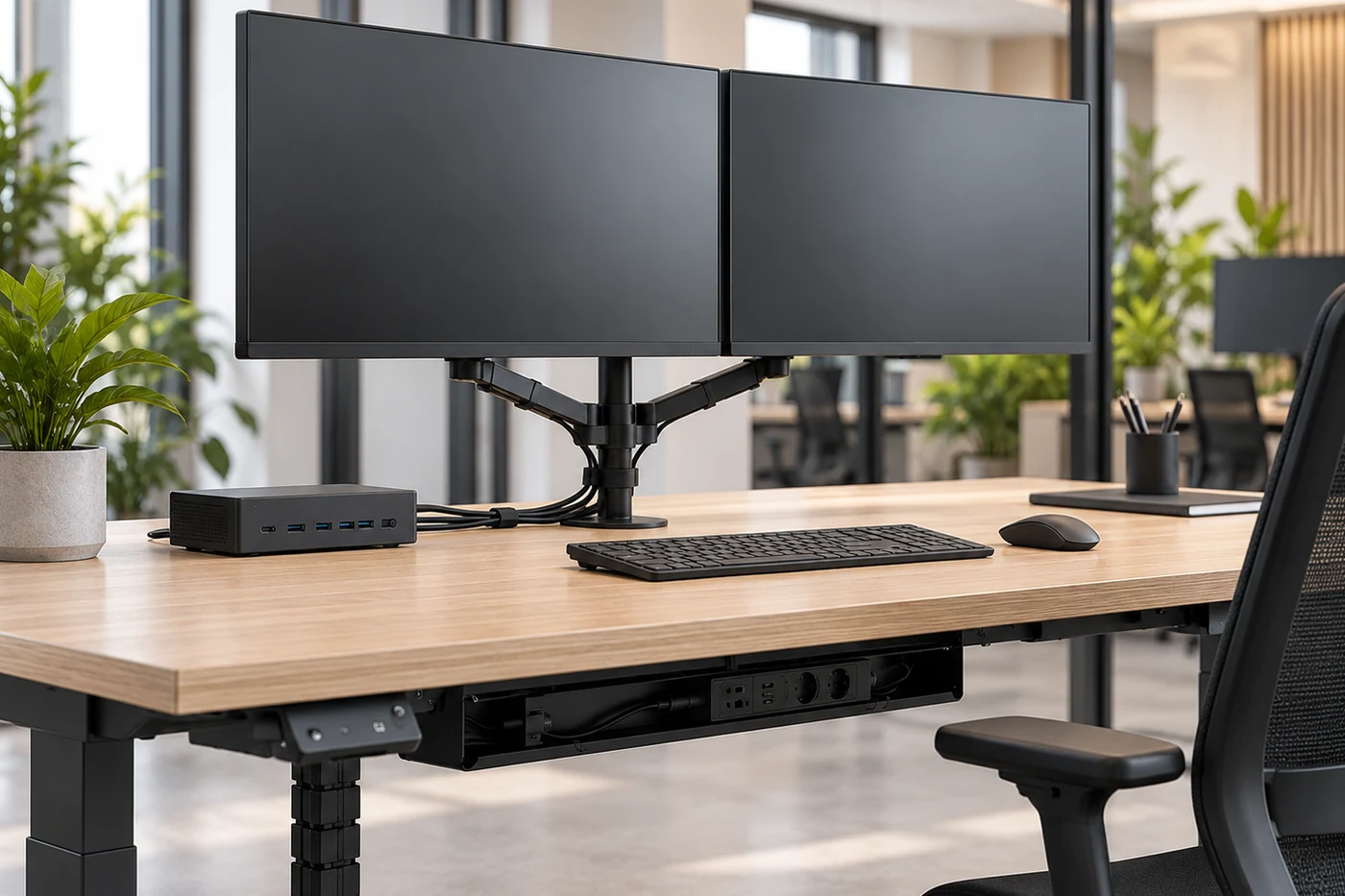 Monitor- en dockingopstelling met geleide bekabeling