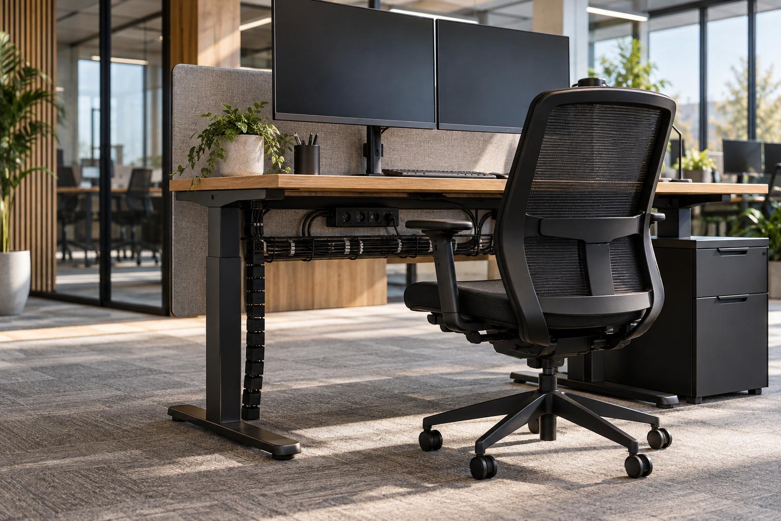 Kantoorwerkplek met nette kabelgeleiding onder het bureau