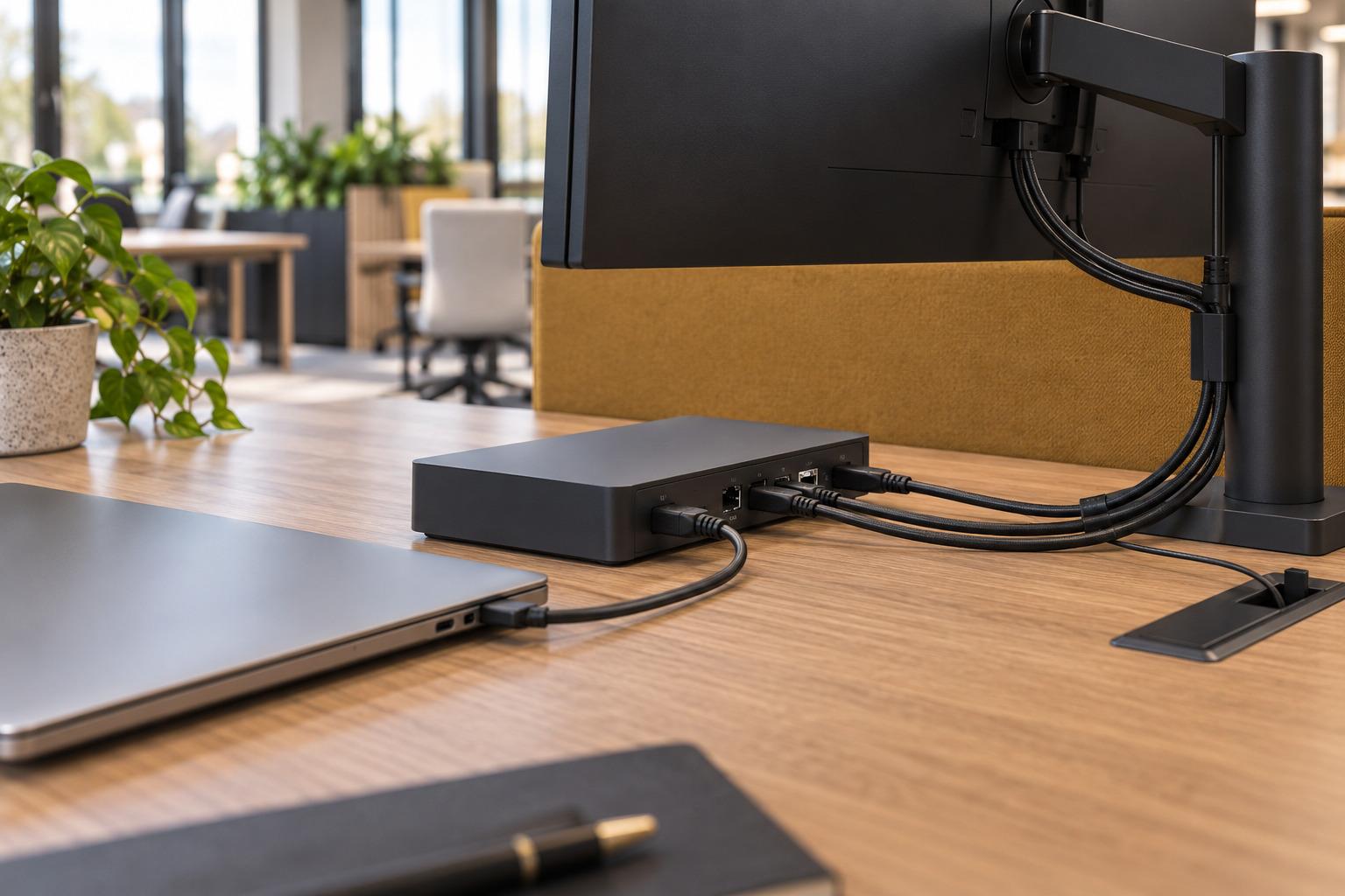 Dockingstationbekabeling onder bureau netjes aangesloten