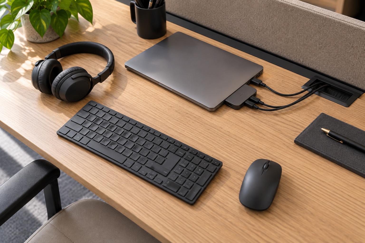 Werkblad met laptop, randapparatuur en geordende kabeldoorvoer