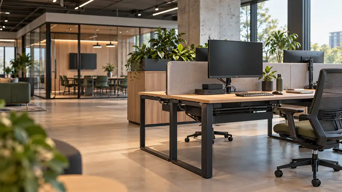 Kantoorwerkplek met professioneel kabelmanagement en nette kabelrouting