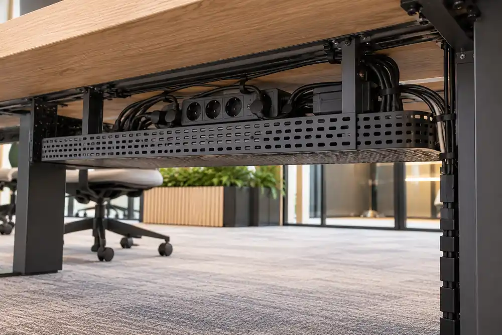 Kabelgoot onder bureau met stekkerblok en kabels netjes geleid