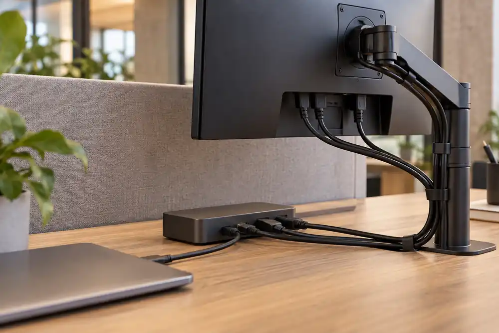 Dockingstation en monitorbekabeling netjes geleid op kantoorwerkplek