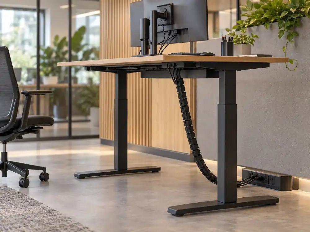 Zit-sta bureau met flexibele kabelgeleiding en bereikbare stroomaansluiting