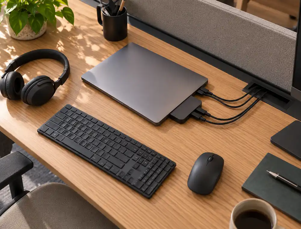 Werkblad met laptop, dockingstation, randapparatuur en zichtbare kabelroute