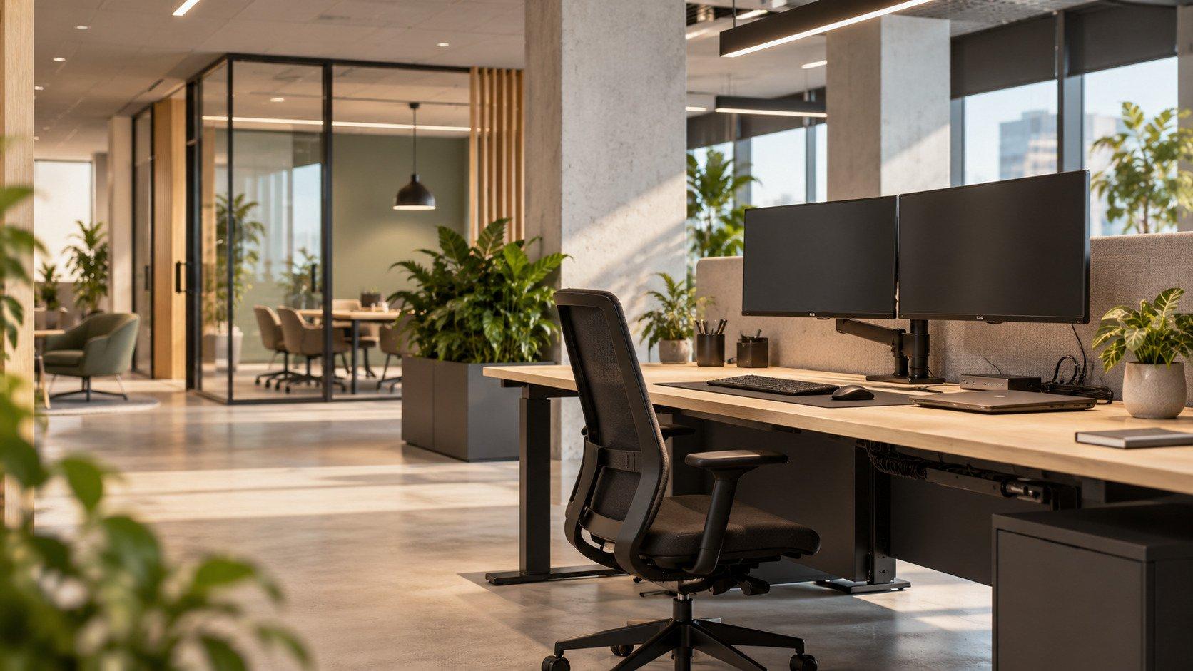 Nieuwe kantoorwerkplek met monitoren, dockingstation en nette kabelrouting