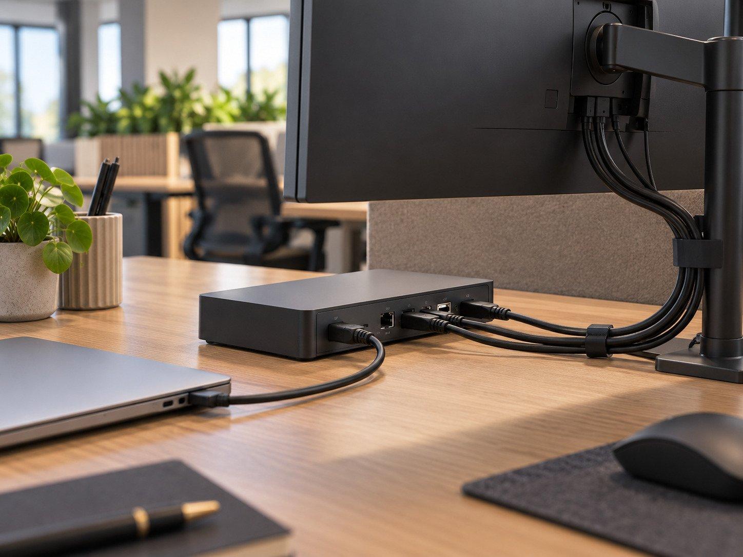 Dockingstation met monitor-, laptop-, data- en stroomverbindingen op kantoorwerkplek