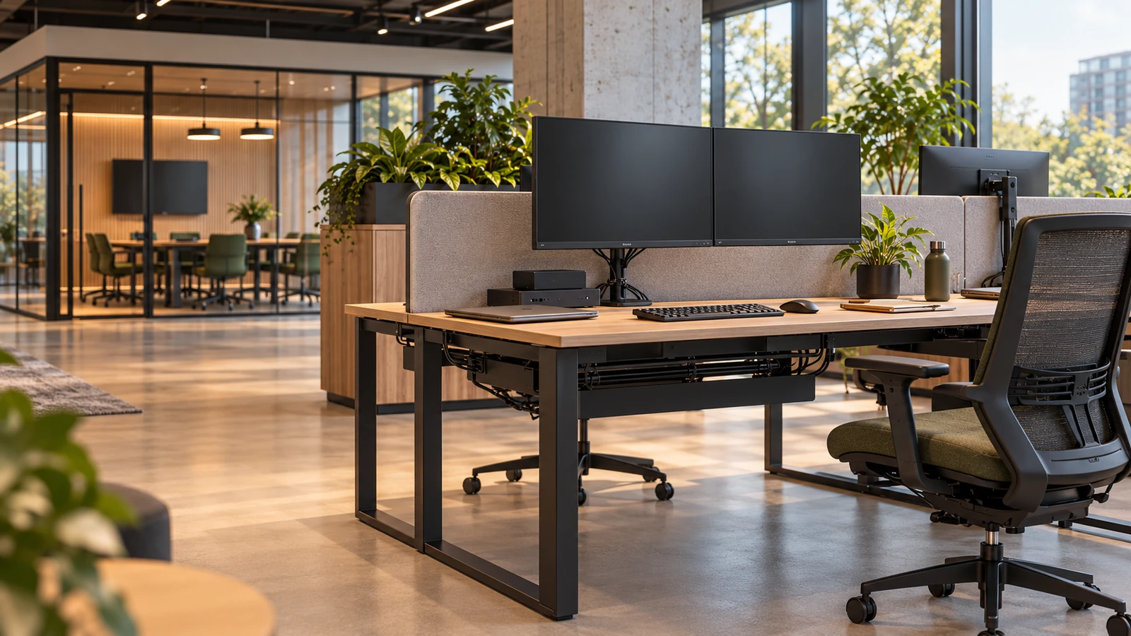 Monitoren en dockingstations aangesloten op complete kantoorwerkplek