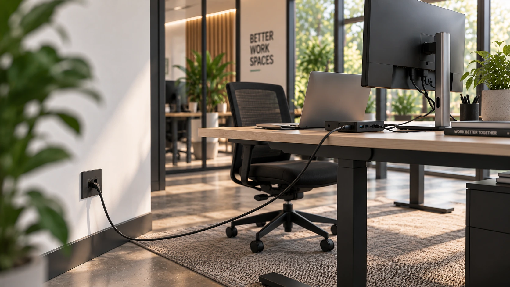 Zijaanzicht van een verhoogd bureau met bureauframe en verticale kabelgeleiding