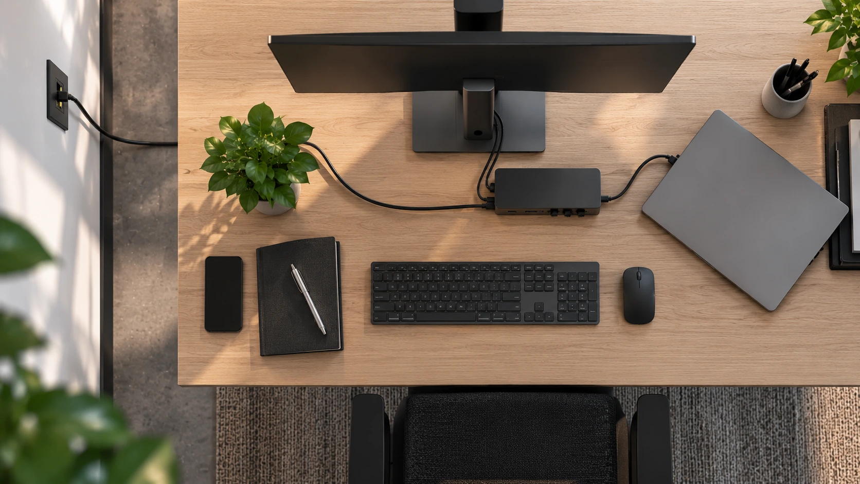 Bovenaanzicht van laptopwerkplek met dockingstation als mogelijk netwerkeindpunt