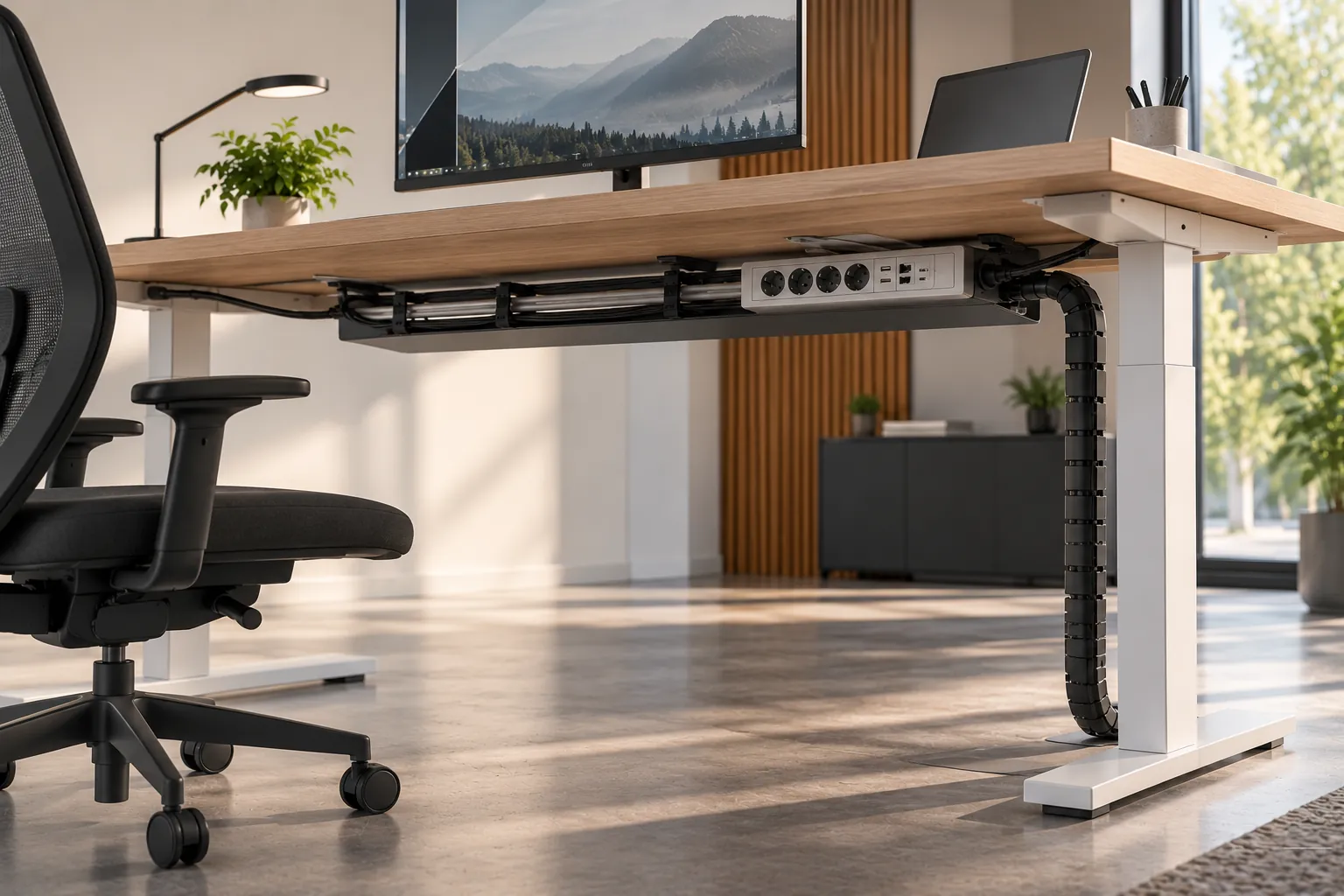 Zit-sta bureau met kabelgoot, stekkerblok en flexibele kabelrouting