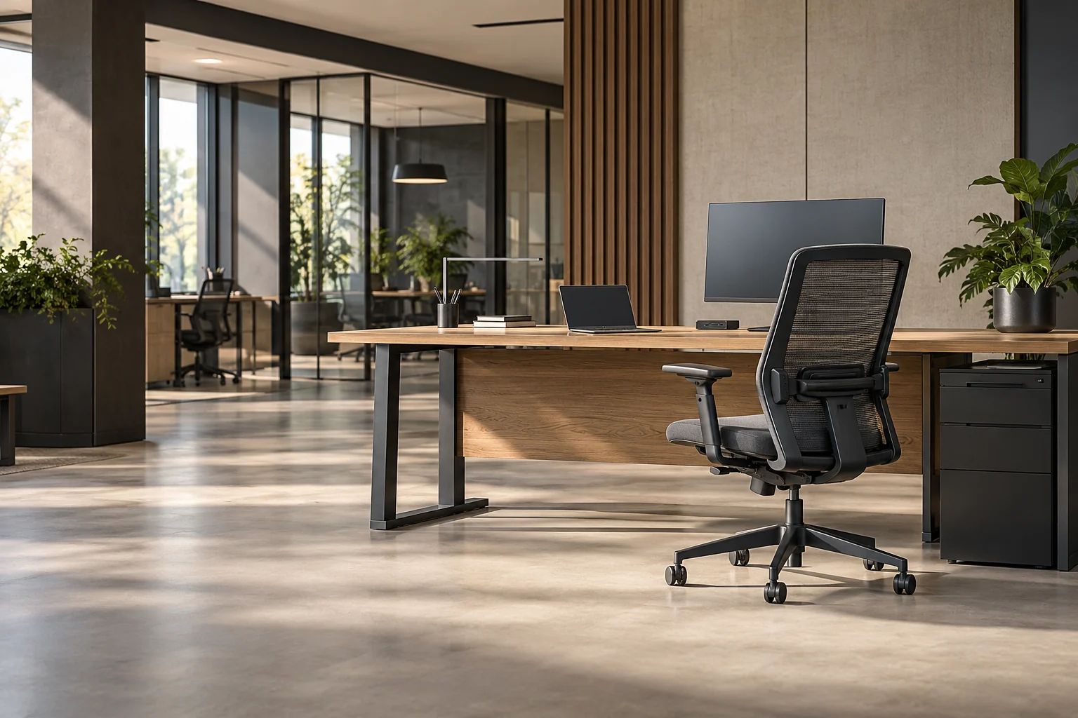Bureau en bureaustoel in zakelijke kantoorwerkplek