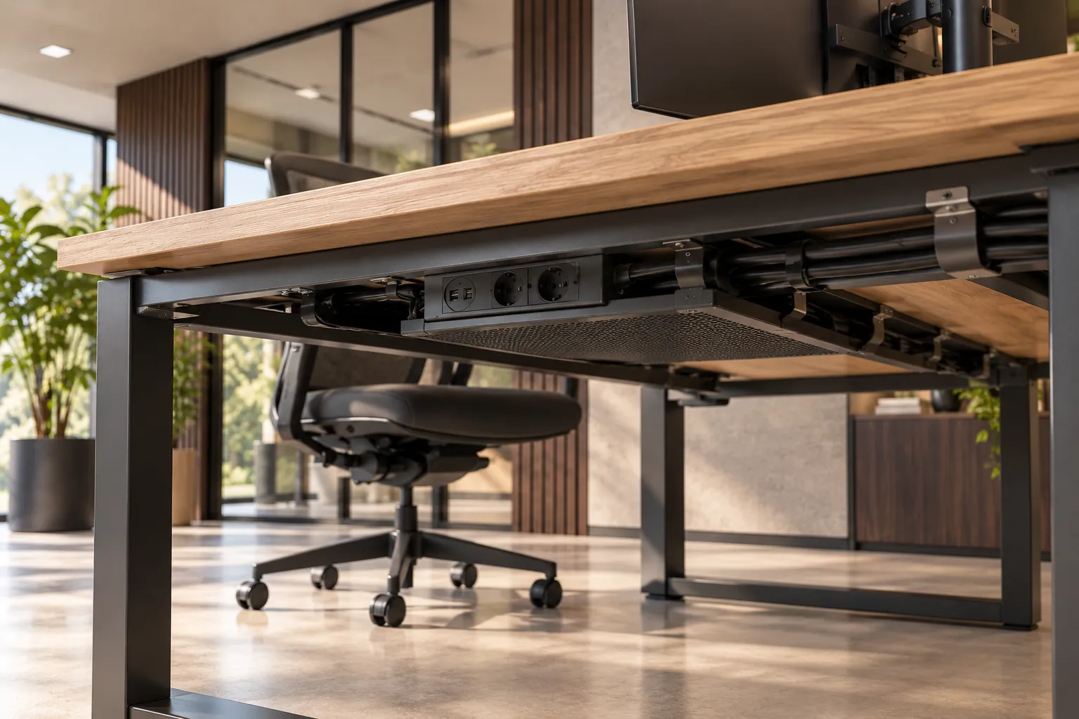 Kabelgoot en stekkerblok met nette kabelrouting onder een vast bureau