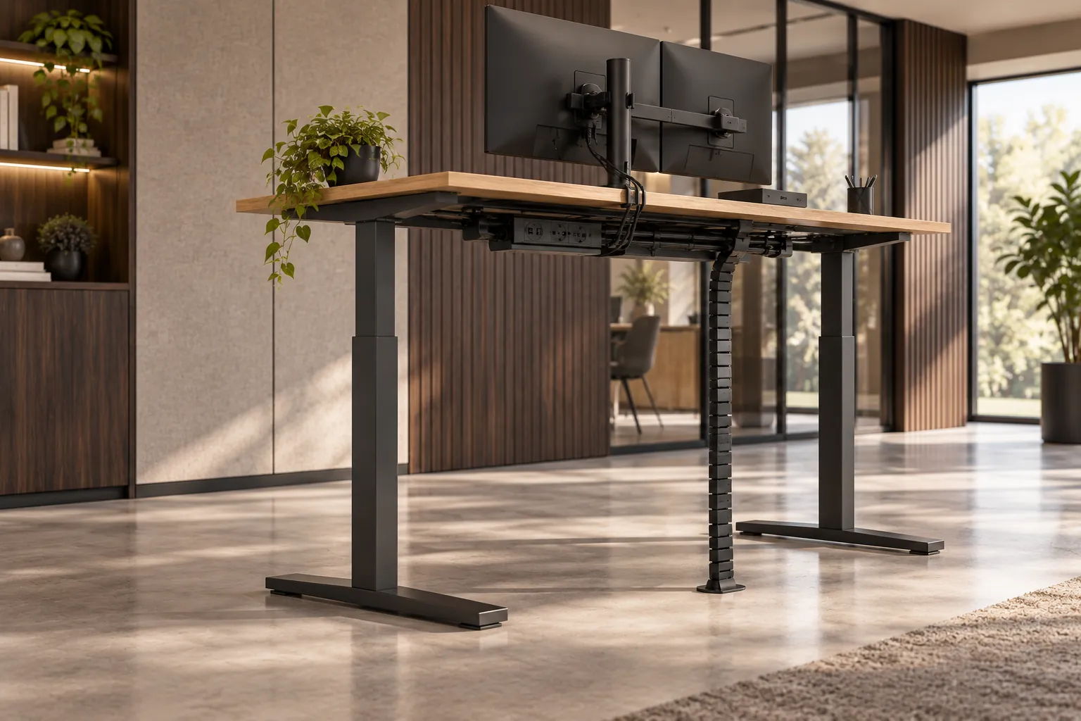 Zit-sta bureau met kabelmanagement dat meebeweegt bij hoogteverstelling