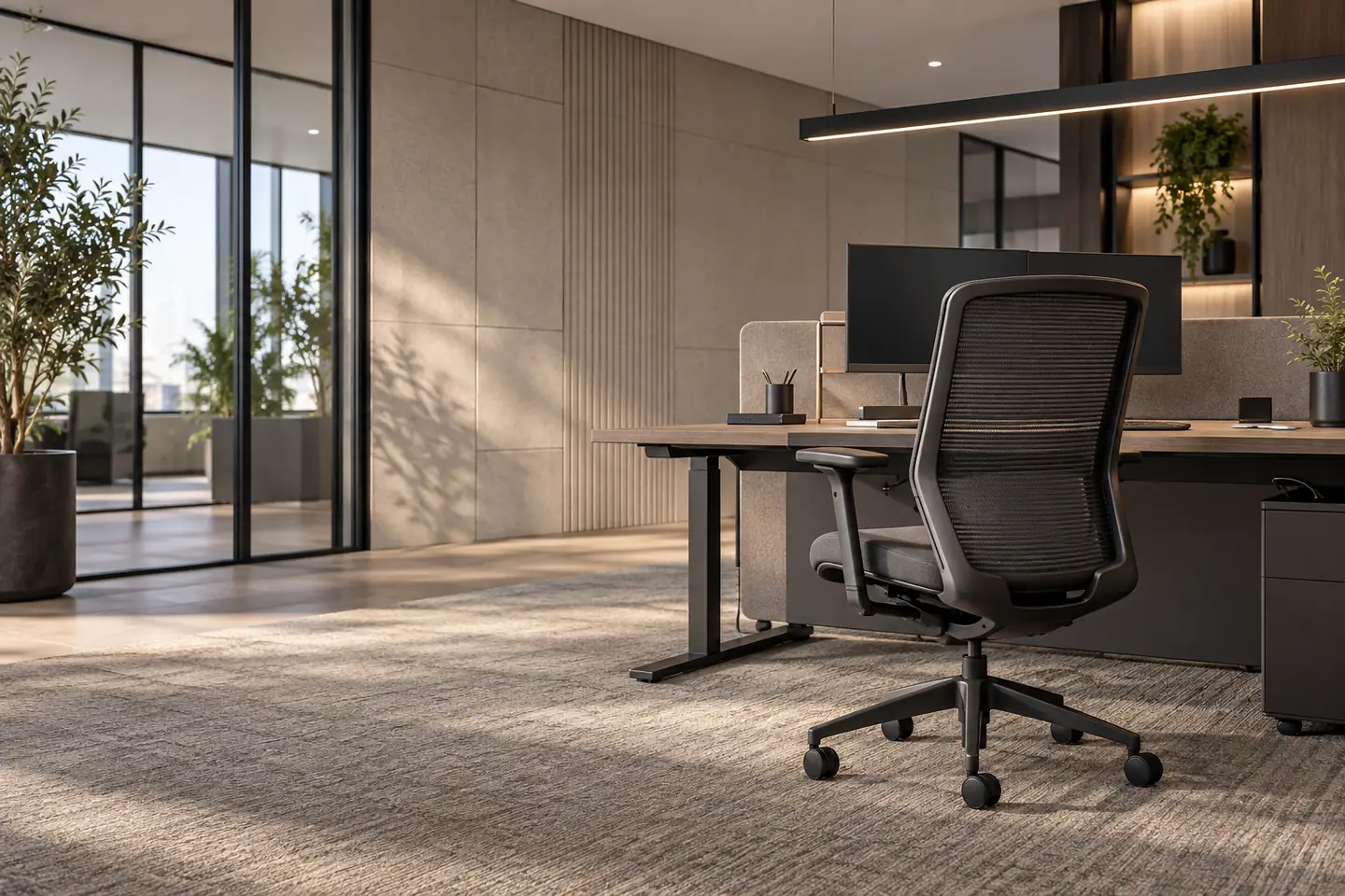 Representatieve zakelijke werkplek met ergonomische bureaustoel