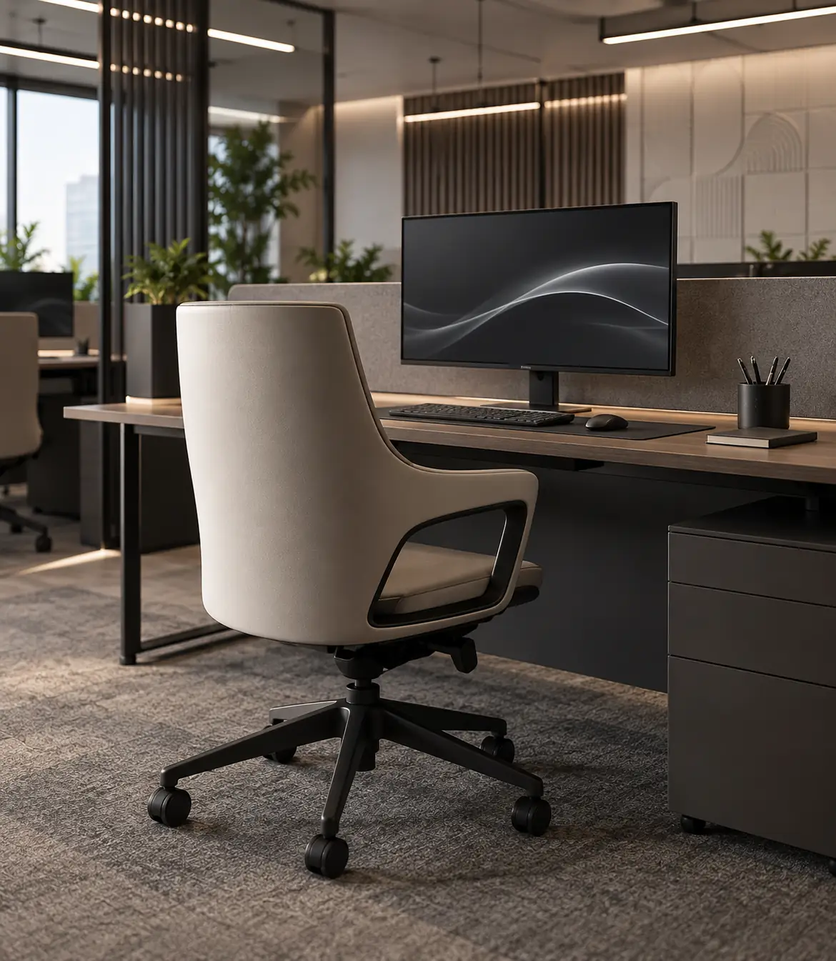 Representatieve ergonomische bureaustoel geïntegreerd in een complete kantoorwerkplek