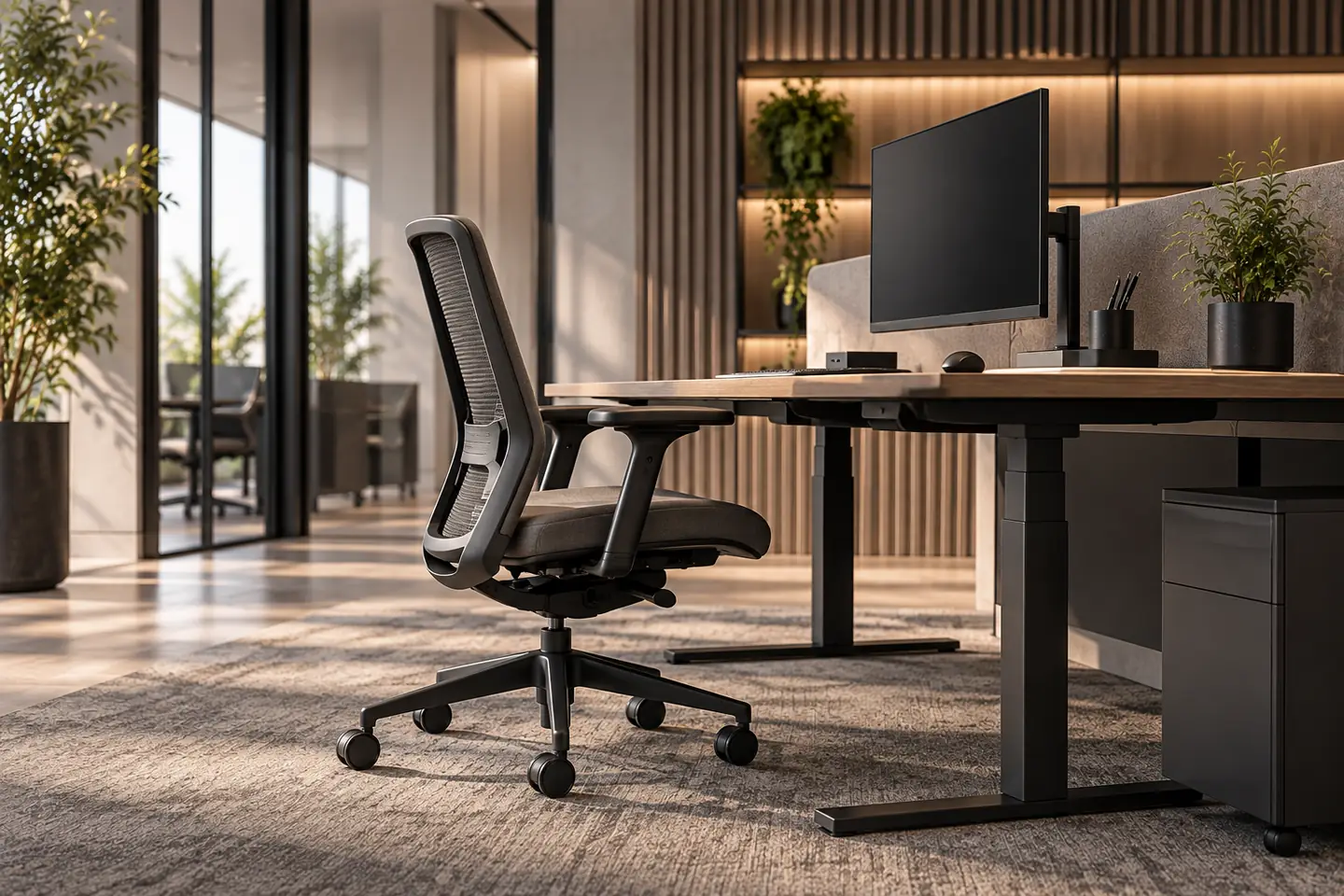 Representatieve ergonomische bureaustoel naast een zit-sta werkplek