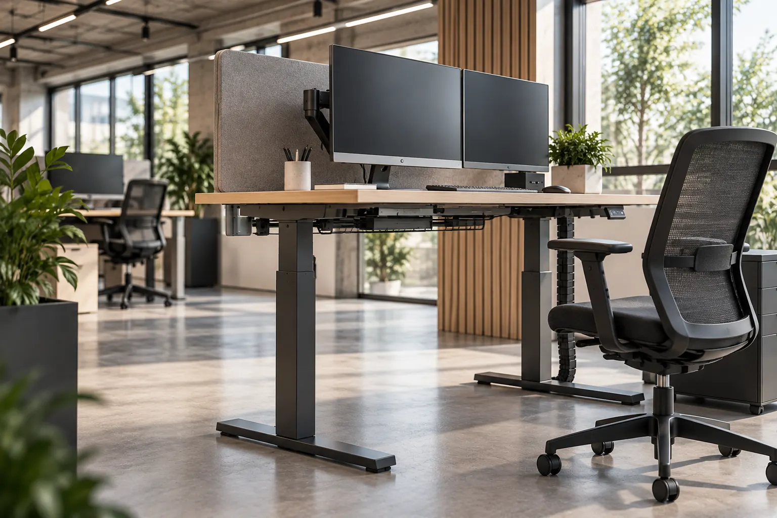 Representatieve zakelijke kantoorwerkplek met monitoropstelling, bureaustoel en werkplekproducten