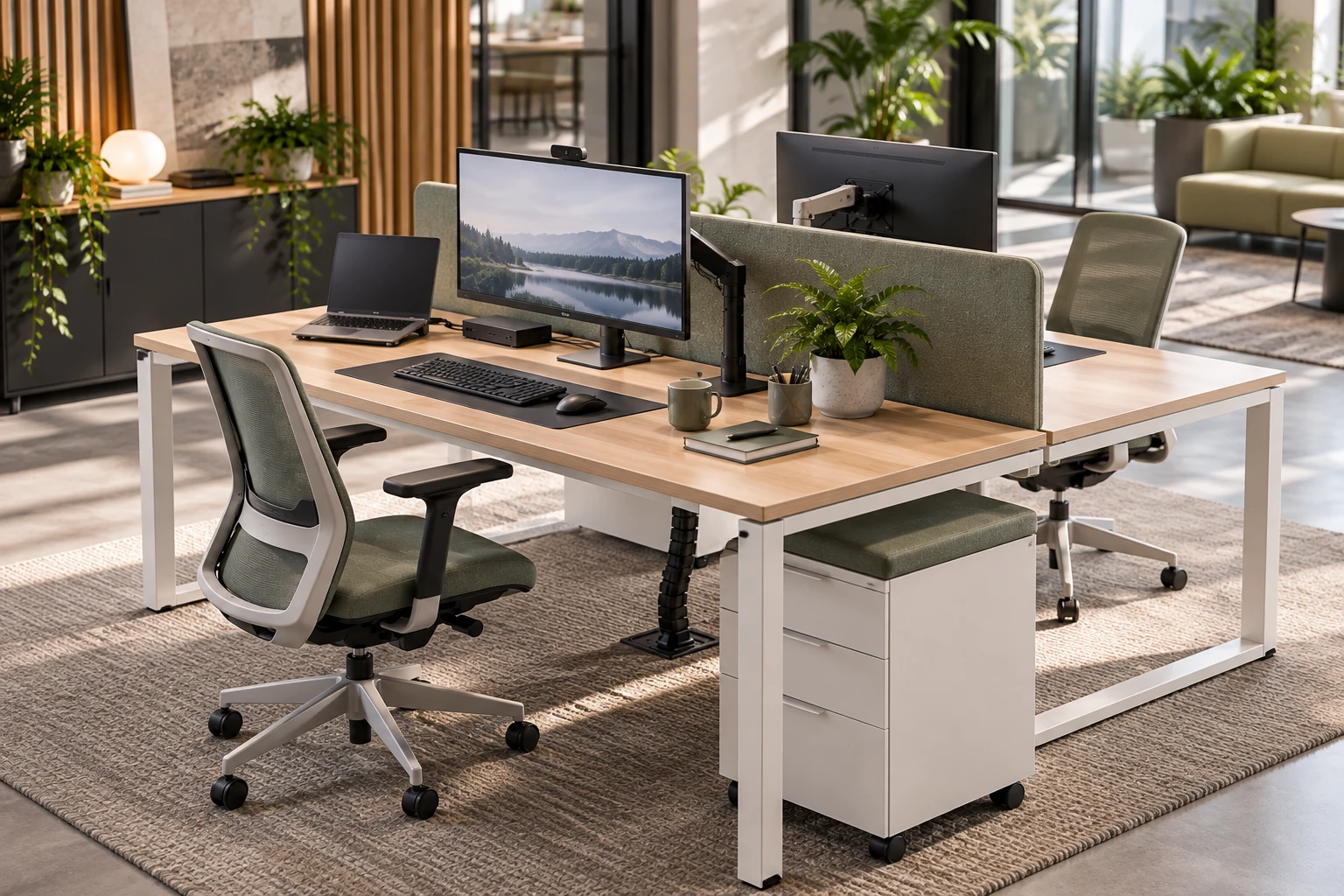 Twee kantoorwerkplekken met monitoren, laptop, dockingstation en kabelmanagement