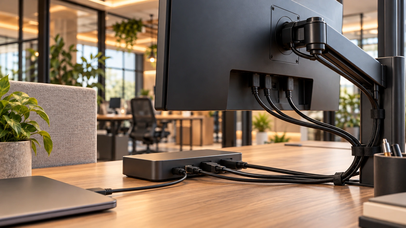 Achterzijde van een monitor met arm, aansluitingen, kabelrouting en dockingstation