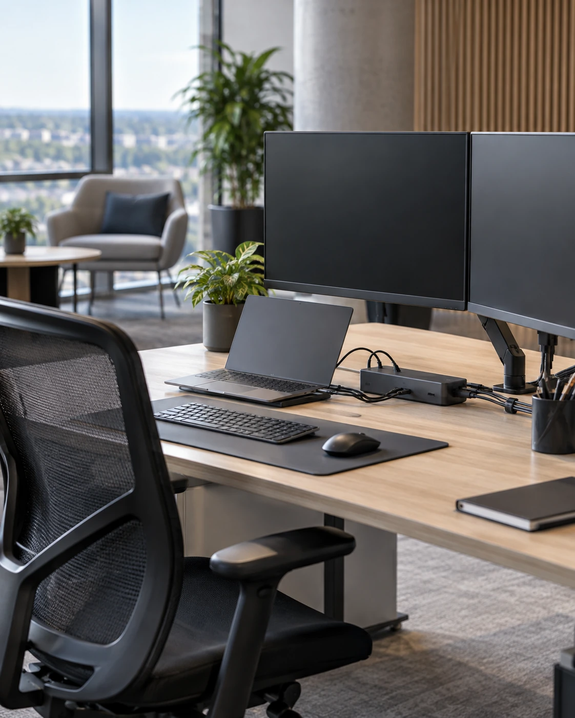 Werkplek met gemonteerd bureau en bureaustoel