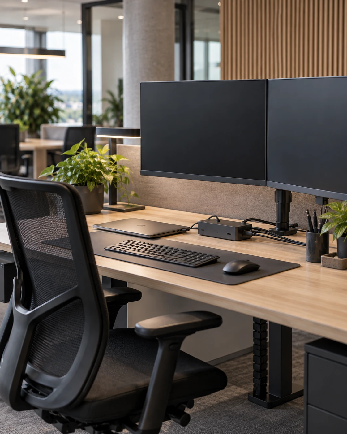 Kabelgoot en bekabeling onder een bureau