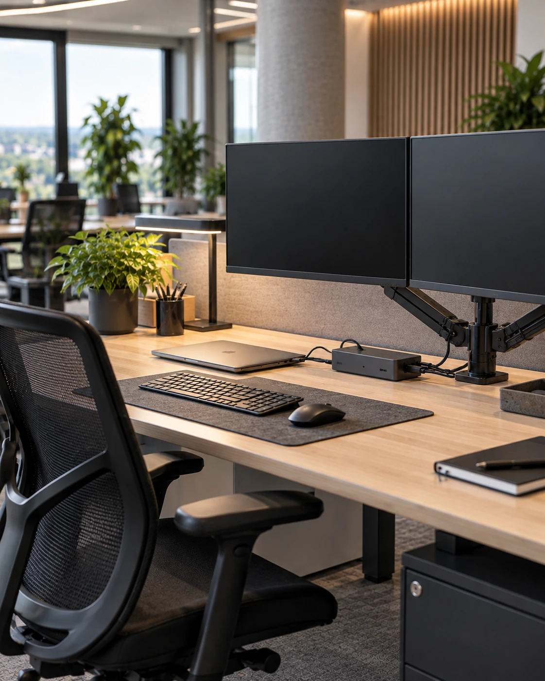 Monitoropstelling met dockingstation en aansluitingen