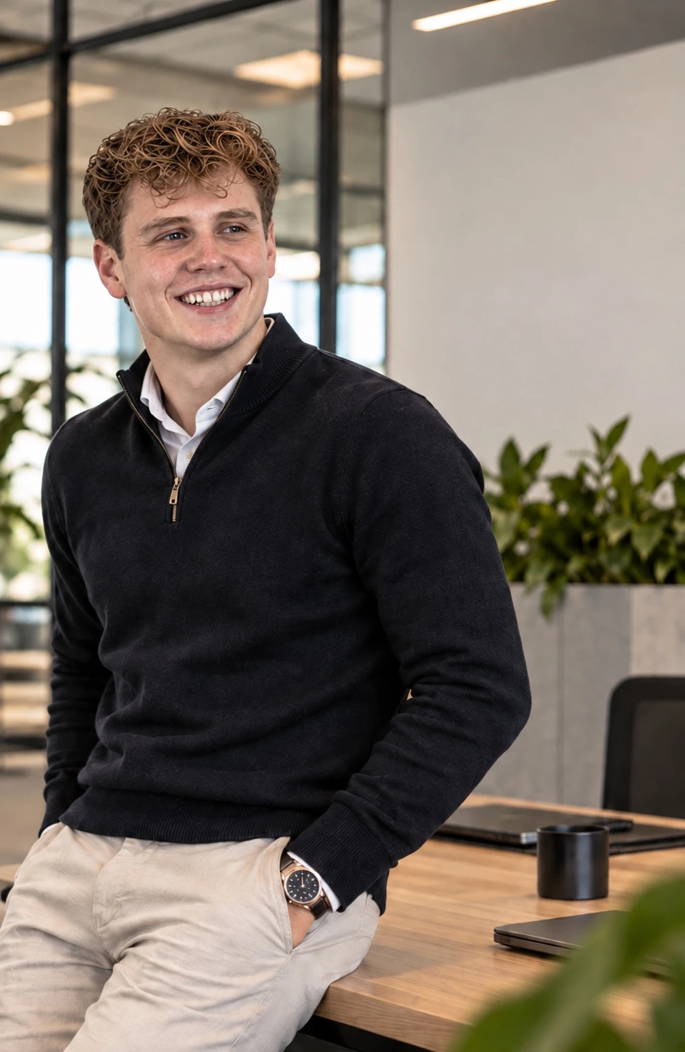 Portret van Yarno Roubos leunend tegen een bureau in een kantooromgeving; door gebruiker aangeleverde afbeelding