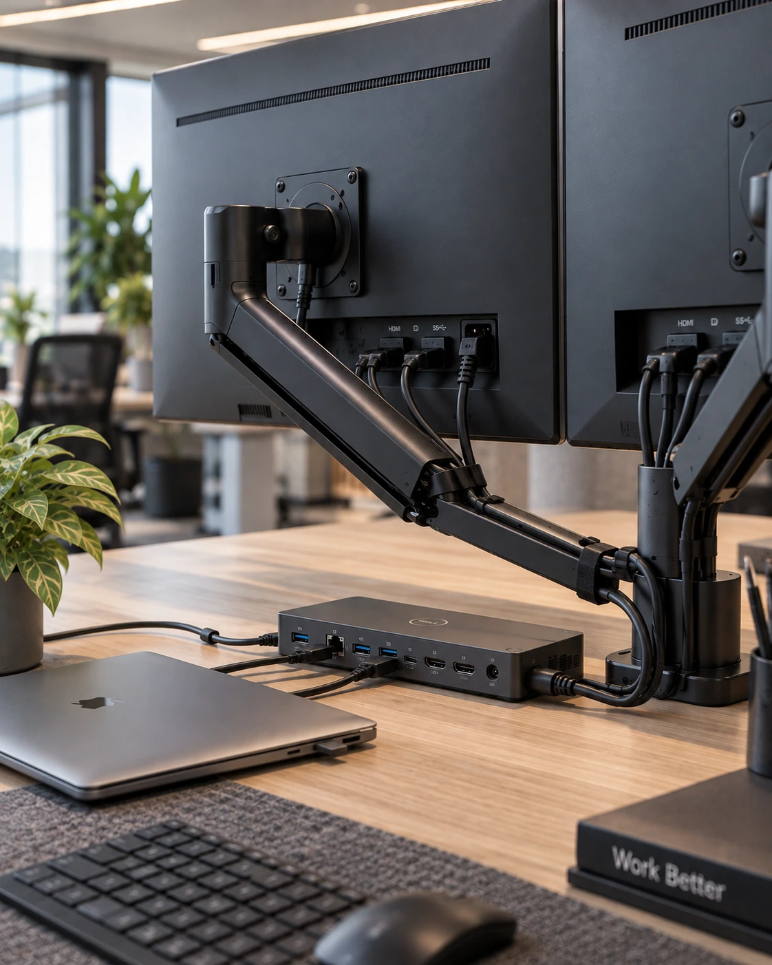 Representatief werkplekdetail met monitoropstelling en dockingstation