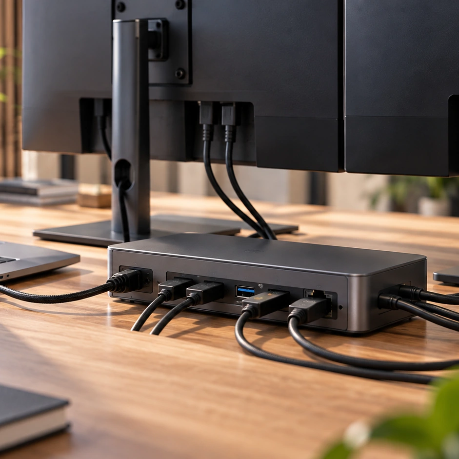 Representatieve detailopname van een dockingstation dat met laptop en monitor is verbonden