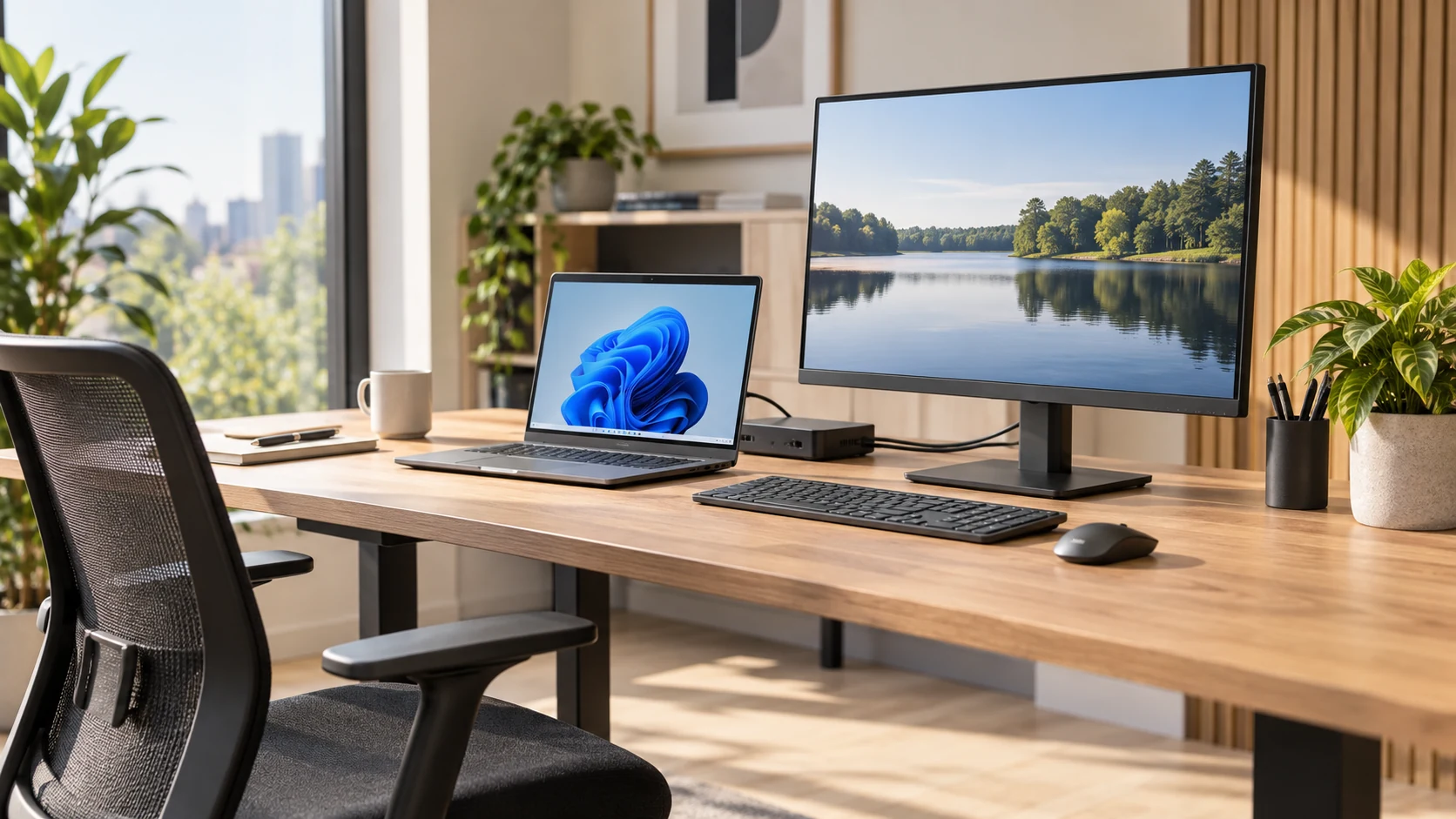 Representatieve laptopwerkplek met dockingstation en beeldschermen; illustratieve werkpleksituatie